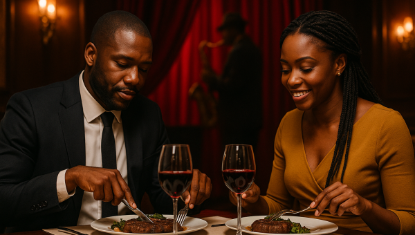 a black couple eating at a new york restaurant 